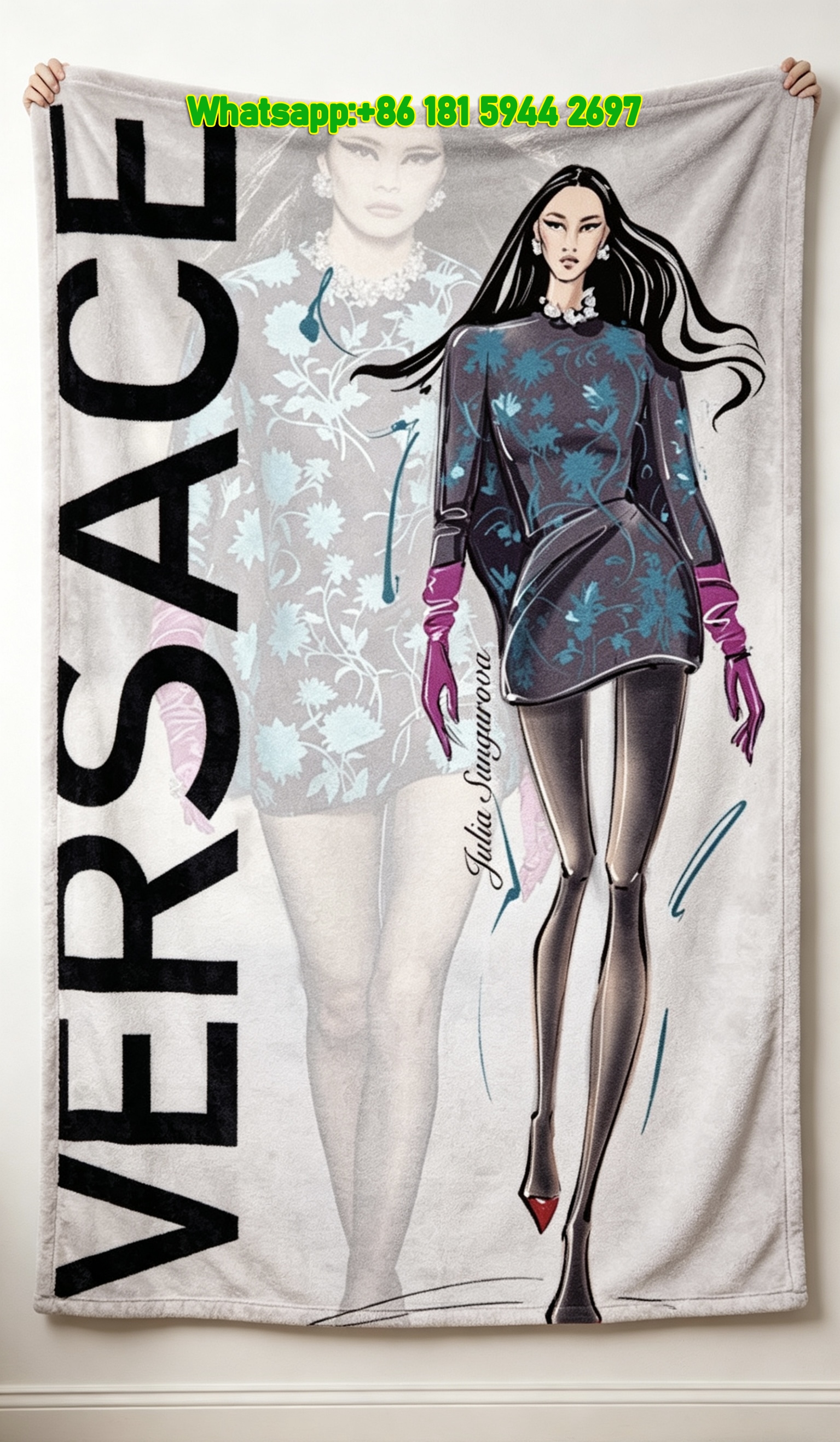 Versace Teal Blue And Magenta Pink Runway Fashion Illustration Print Flannel Throw Blanket Luxury Sofa Cover Blanket IMG_1676